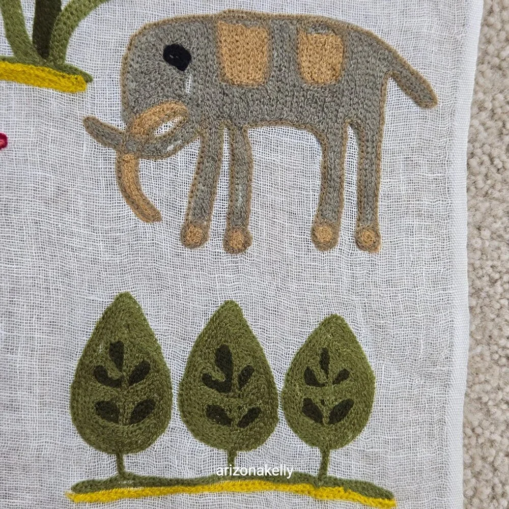 Tolani Linen Scarf Embroidered With Whimsical Animals and Plants